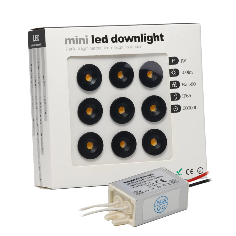 

1W IP65 Mini LED Spot Light Ceiling Spotlight DC12V Cabinet Lamp Bedroom Lighting 9PCS Downlight with AC100-265V Transformer