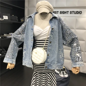 

2020 spring Sequins Denim Jacket Women Bomber Jacket Fashion Long Sleeves Coats streetwear Loose Jeans Jacket Feminino NZY84
