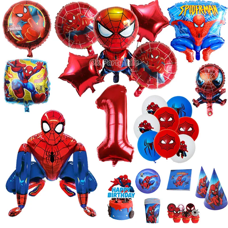 Spiderman Theme Kids Birthday Supplies 3D Great Spider Foil Balloons Disposable Tableware Napkin Cup Birthday Party Decorations party supplies