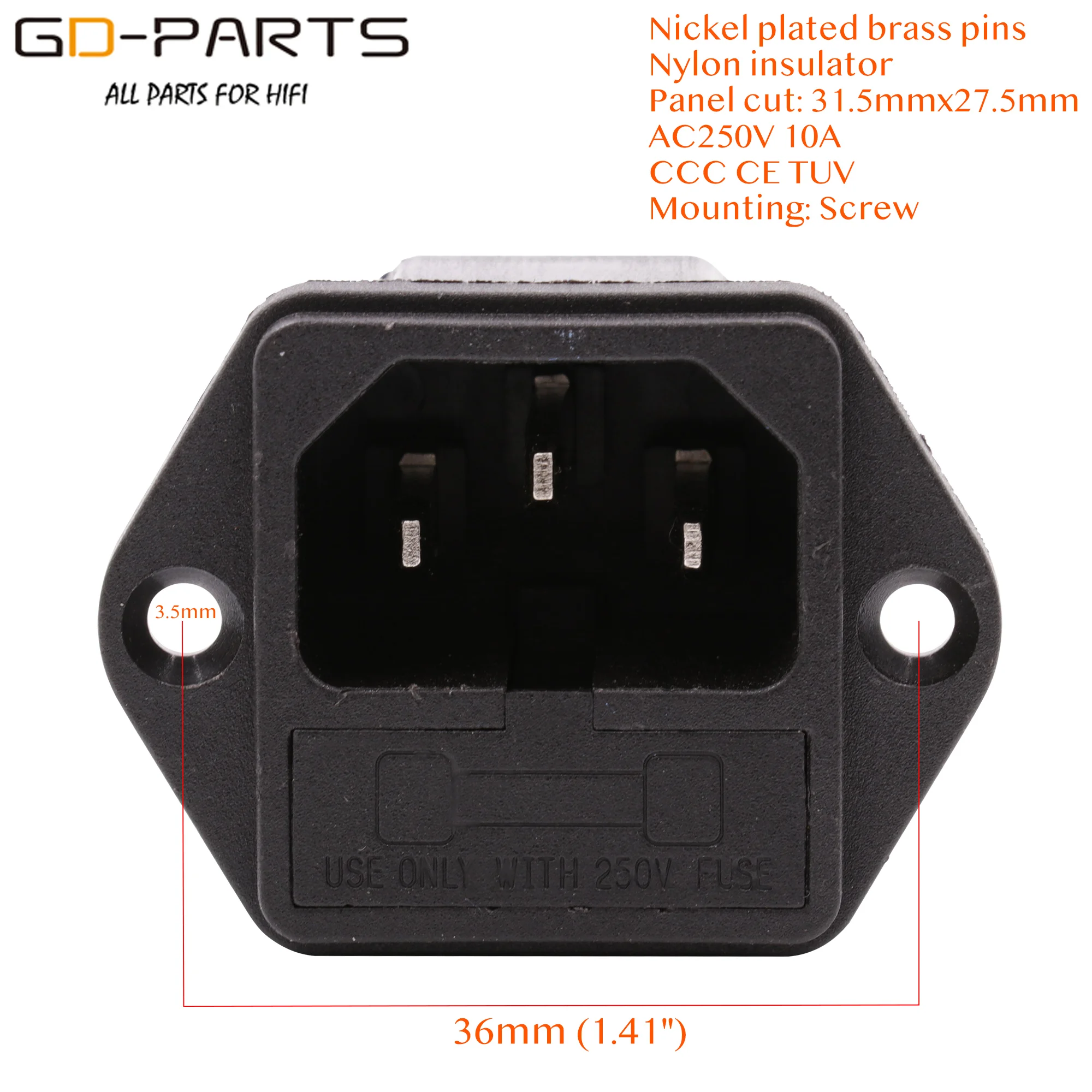 3-PIN IEC 320 C14 Male Power Socket Receptacle Outlet Plug Connector With Fuse Holder FOR Audio AMP AC 250V 10A RoHs CCC TUV CE
