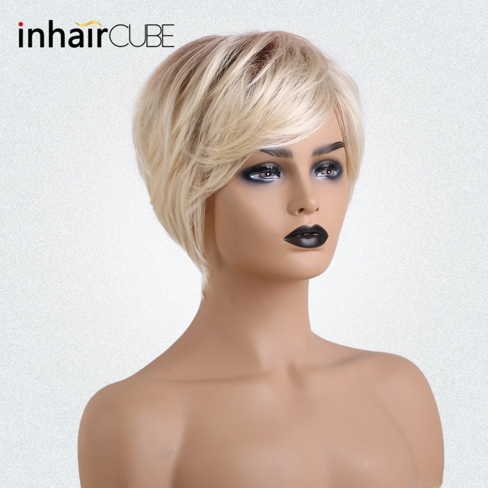 

INHAIR CUBE Synthetic Blend Hair Short Wig Ombre Heat Resistant Straight Wigs with Bangs for Women Elastic Straps