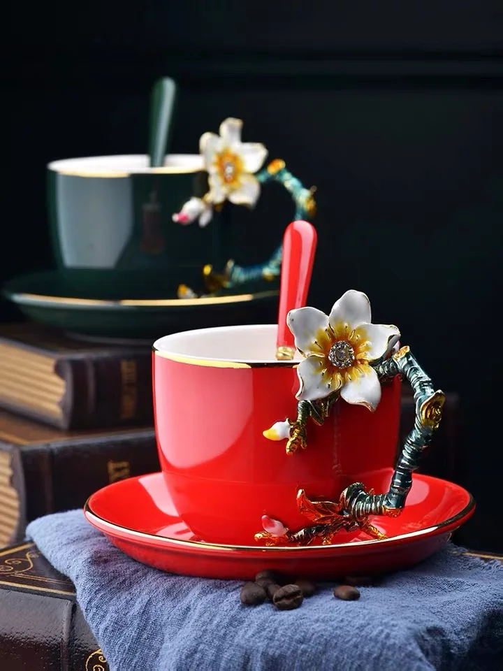 Ceramic Enamel Coffee Cup and Saucer Handpainted Porcelain Tea Cup Set with Spoon Classic Drinkware Gift