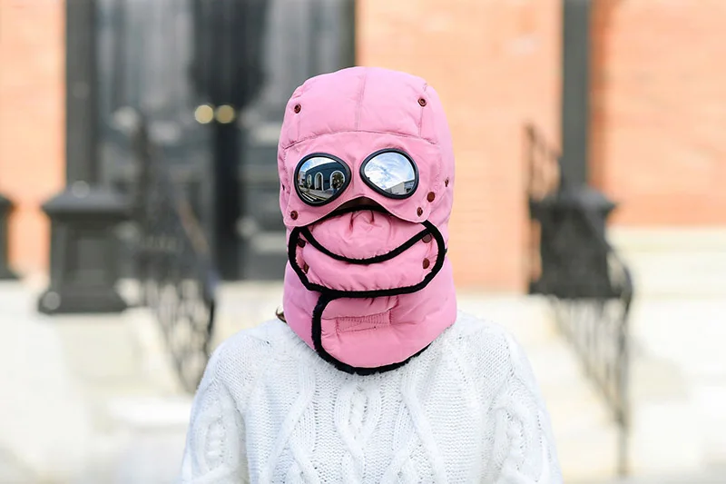 Women's Russian Ushanka snow skiing Hat caps women earflap winter hat with mask glasses raccoon fur bomber Hat