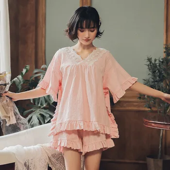

Summer Lace Princess Style Pajamas For Women Thin Short Sleeve Tops + Shorts Sleepwer Suit Ruffles Design Nighty Female Homewear