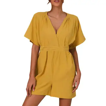 

Cotton Women Jumpsuit Beach Holiday Casual Solid Short Sleeve V-Neck Playsuits Overalls Monos de Fiesta 2020 Drop Shipping E