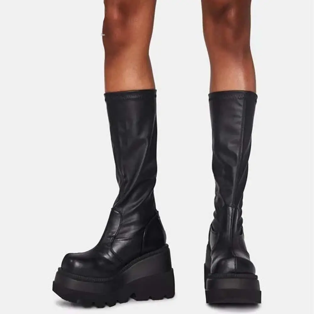 

Women High Platform Boots Zip High Heels Boots Women 2020 Wedges Shoes Lace Up Over The Knee Black Horse Boots Big Size 35-43