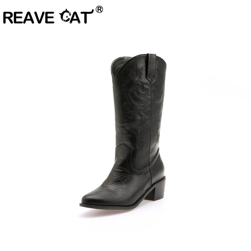 

REAVE CAT Winter Casual Mid-Calf Boots for Women Round Toe Square Heel Slip-on Totem Print Big Size 34-43 Black Brown