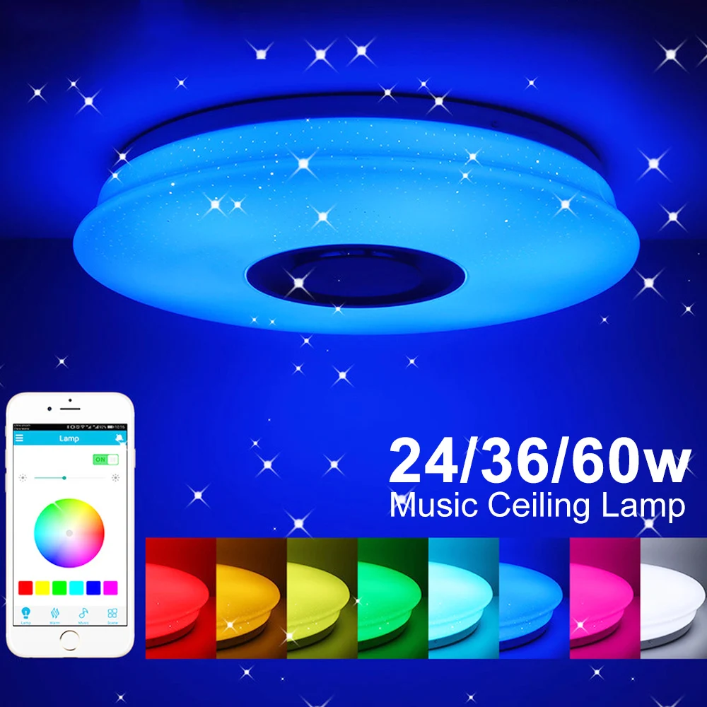 24/36/60W Flush Mount Round Starlight Music Led Ceiling Light Lamp With Bluetooth Speaker Dimmable Color Changing Fixture photo