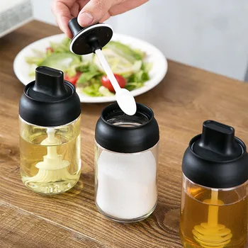 

250ml Glass Empty Seasoning Bottle with Spoon/ Oil Brush / Honey Stick Dessert Salad BBQ Cooking Kitchen Flavoring Jar