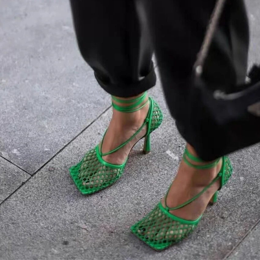 Women High Heels Sexy Green Mesh Square Toe Lace Up Cross-tied Stiletto hollow for Party women high heels platform high heels sandals