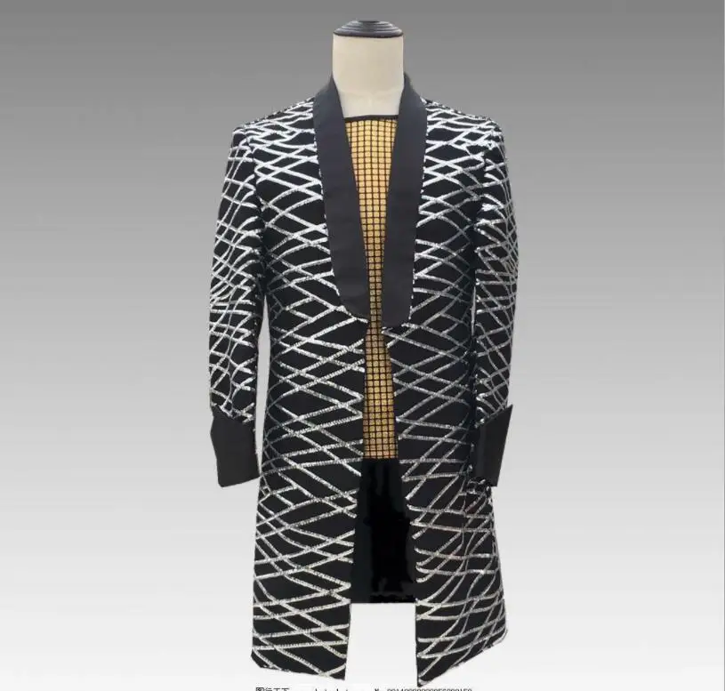 S-6XL!Manufacturers direct bar and nightclub DS punk male singer checkered long sequined suit dress