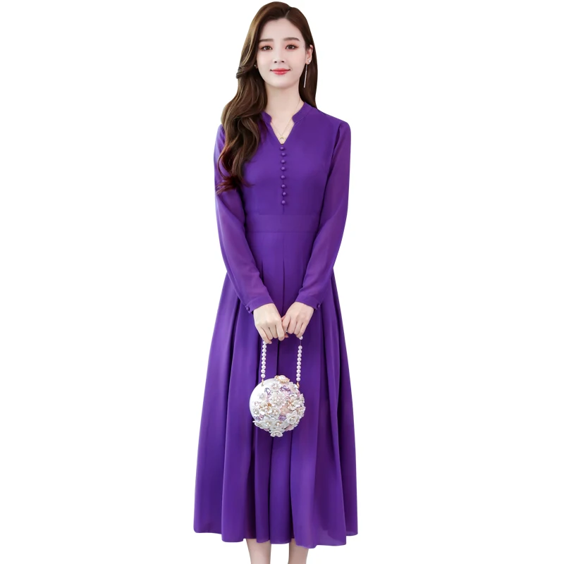 Осень, Новое поступление, высокое качество, корейский стиль, v-образный вырез, пуговица, длинный рукав, женское шифоновое длинное платье размера плюс M-3XL