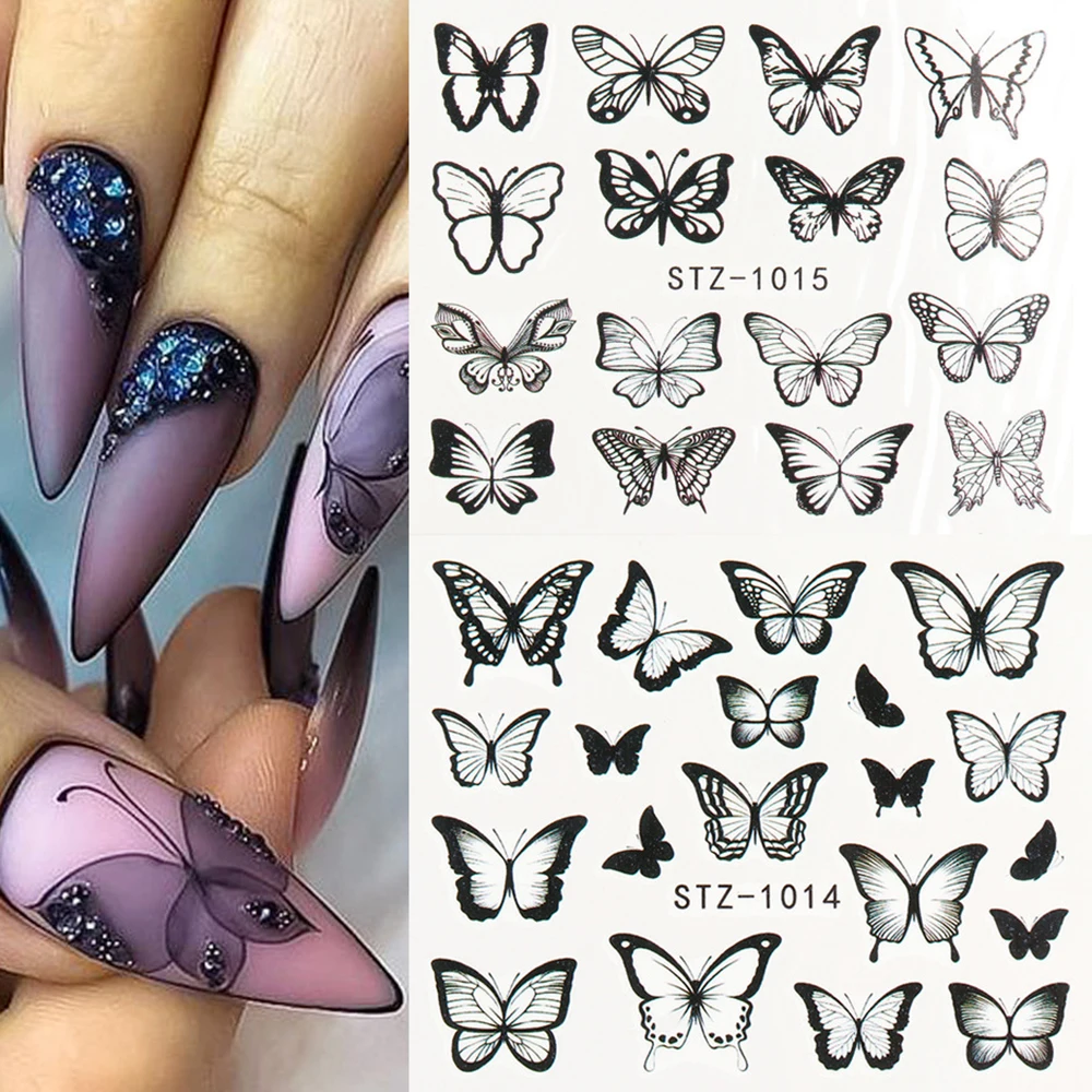 

1pc Black Butterfly Nail Decals and Stickers Flower Blue Colorful Water Tattoo for Manicures Nail Art Slider Decor
