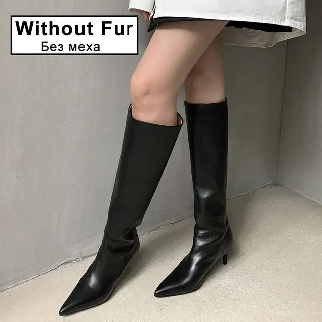 Taoffen Size 33-43 Women Genuine Leather Knee High Boots Pointed Toe Thin Heel Slip On Party Club Winter Ladies Footwear Black without fur