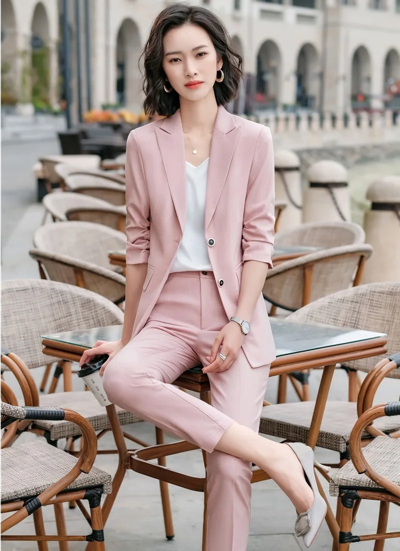 Half Sleeve Elegant Pink Spring Summer Formal Uniform Designs Pantsuits OL Styles Ladies Blazers Professional Trousers Set | Женская