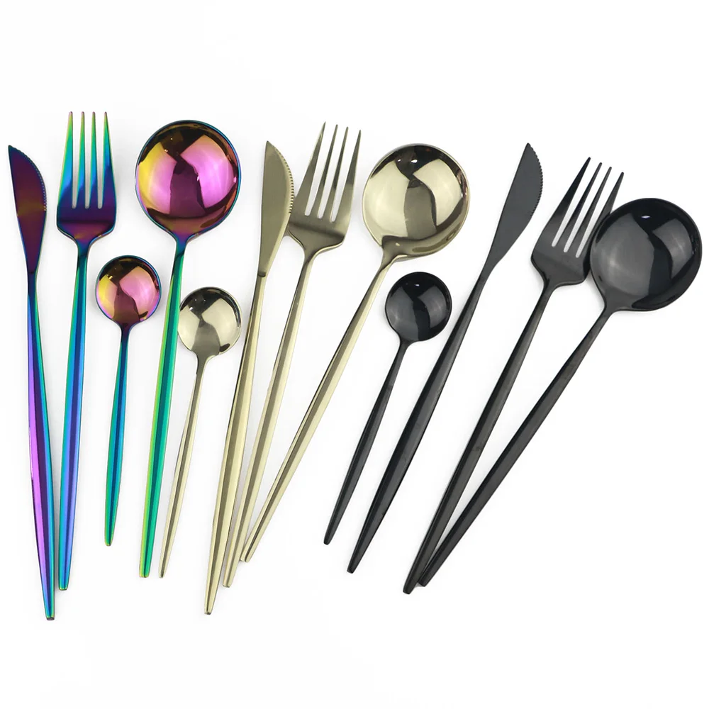 

12Pc/Set Korean Luxury Shiny Multi Cutlery Dinnerware Set 304 Stainless Steel Knife Fork Spoon Teaspoon Silverware Flatware Set