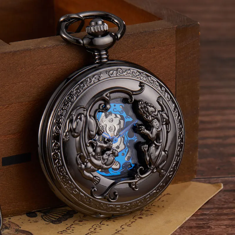 Bronze Steel Retro Steampunk Skeleton Mechanical Pocket Watch Two Lizard Hand Winding Men Engraving Case Watches FOB Chain Clock