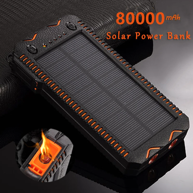 80000mAh Solar Power Bank High-Capacity Phone Charging Power Bank with Cigarette Lighter Double USB Outdoor Emergency Charger wireless charging power bank