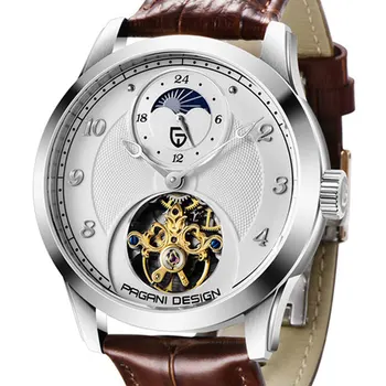 

42 mm Pagani design White dial Tourbillon men watches Phase Moon Leather strap luxury automatic mechanical men's watches