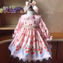 Новое От 0 до 7 лет осенне-зимнее винтажное испанское платье с длинными рукавами и розовой клубникой для маленьких девочек кружевное платье принцессы в стиле Лолиты для дня рождения