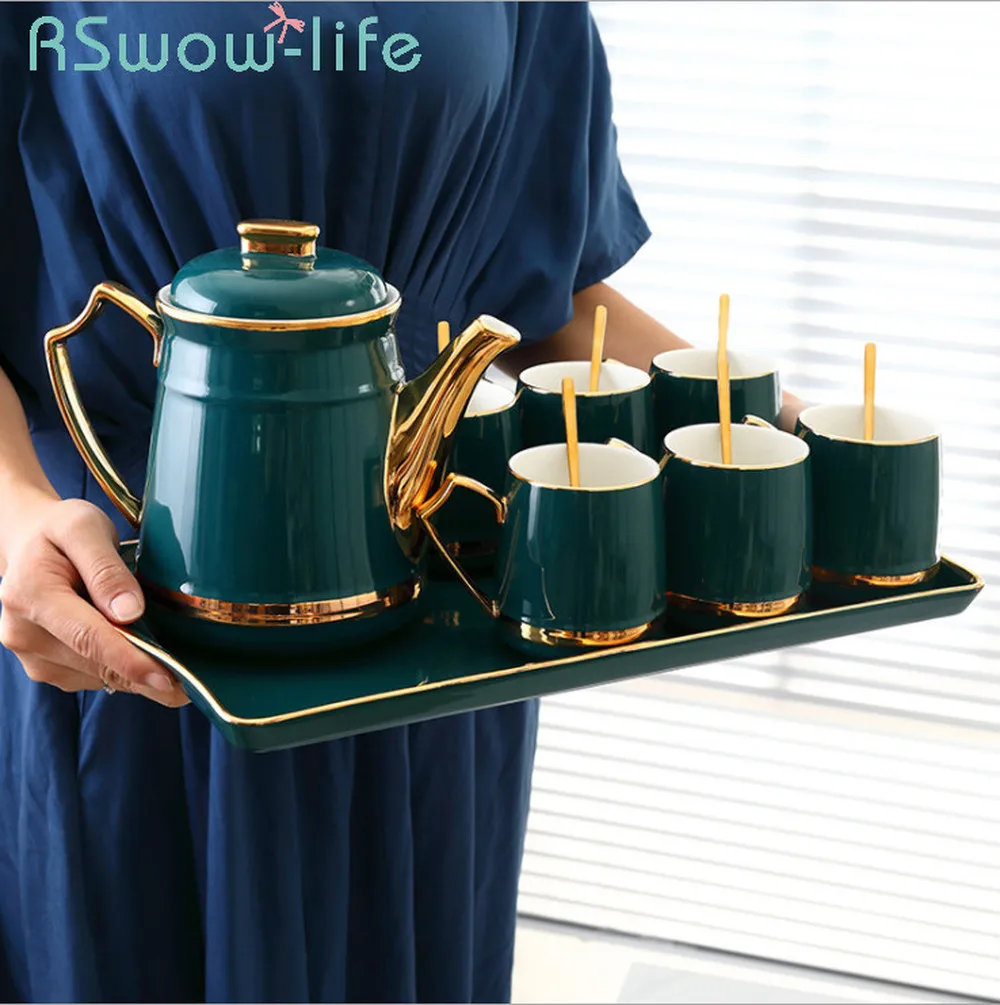 Ceramic Cup Cold Water Bottle Set Dark Green Glaze Water Bottle Sets 6 Cups +1 Kettle +1 Tray Tea Cup Set For Drinkware Ceramic Cup Cold Water Bottle Set Dark Green Glaze Water Bottle Sets 6 Cups +1 Kettle +1 Tray Tea Cup Set For Drinkware