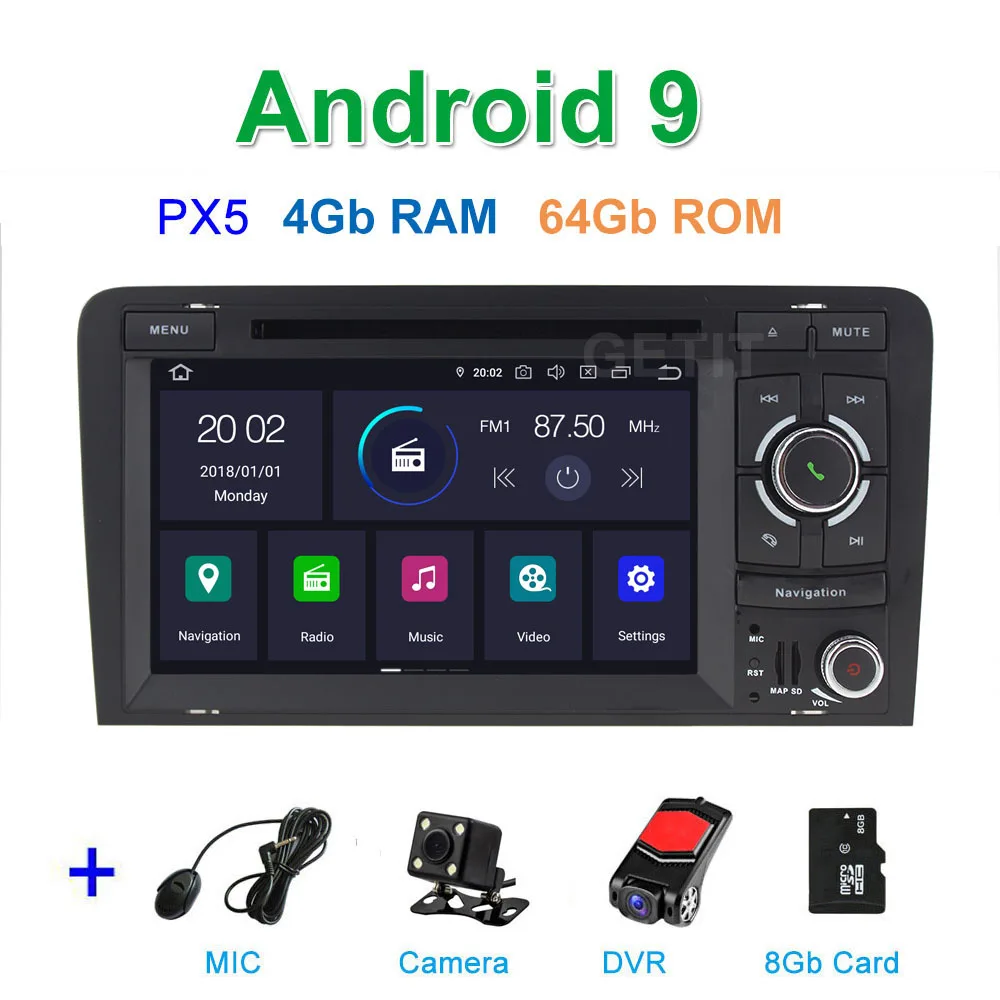 PX5 CAM DVR SD PX6 Автомобильный DVD стерео Мультимедиа Радио Android 9 для Audi A3 2003-2011 с WiFi BT Радио gps навигация - Цвет: PX5 CAM DVR SD
