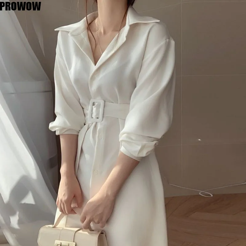 2020 Spring Office Elegance Women Long Sleeve Midi Dresses Korean Single Breasted Vestidos Belt Slim Waist Dress Female