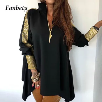 

Women Sexy Sequins Zipper blouse shirts Lady Spring patchwork Turn-down Collar pullovers Elegant Summer Loose tops dropshipping