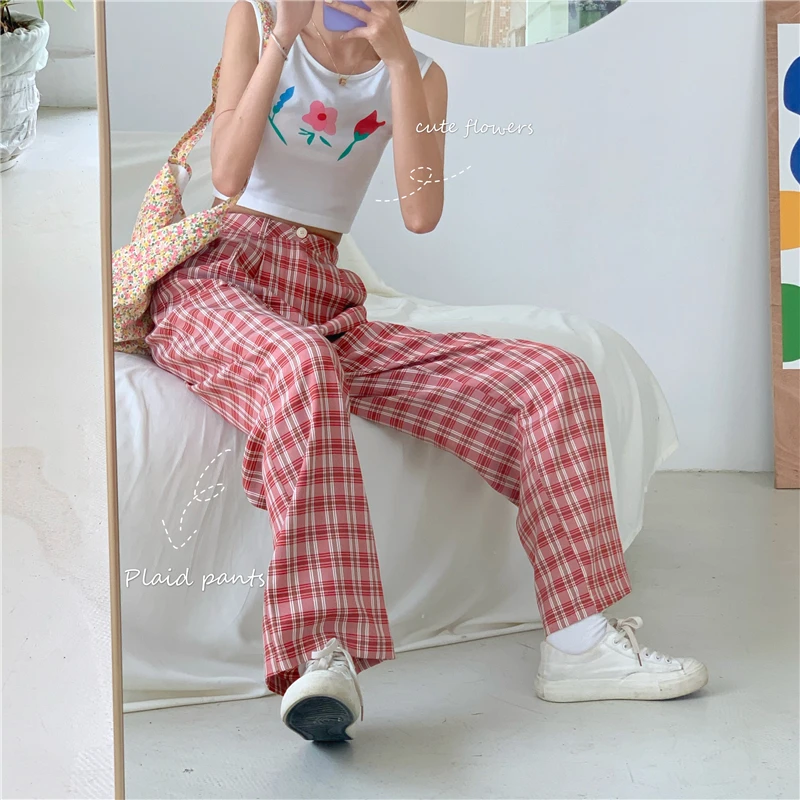 

Red and White Plaid Pants Women Casual Chic Oversize Fashion High Waist Straight Trousers for Girls Soft Elastic Waist Pants