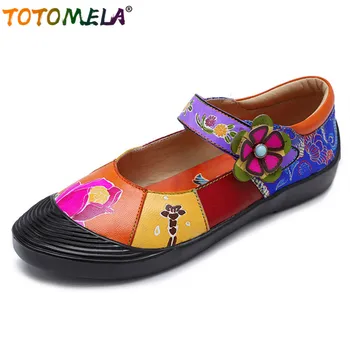 

TOTOMELA 2020 big size 42 vintage single shoes women genuine leather flat shoes round toe print comfortable casual shoes woman