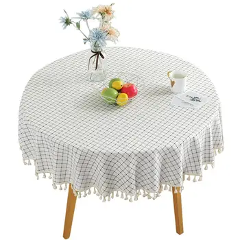 

Creative Nordic Style Solid Color Table Cloth Washable Round Tassel Checkered Tablecloth Table Cover Decor For Home