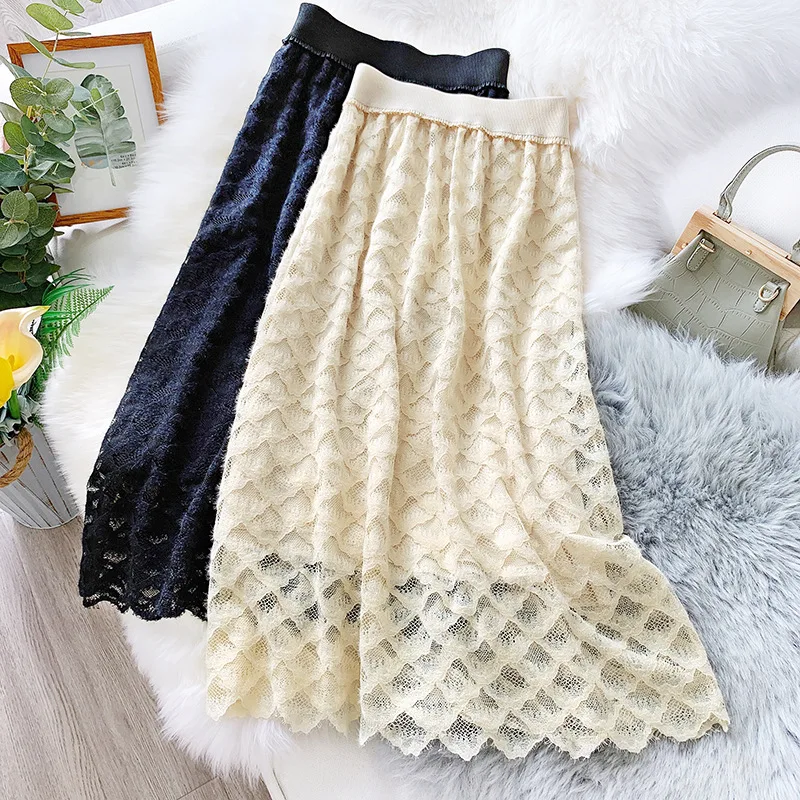 

AcFirst Winter New Black Khaki Women Skirts High Waist A-Line Mid-Calf Sexy Lace Long Skirts Clothing Hollow Out Polyester