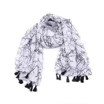 

GAOKE Branch Tree Leaf Pattern Tassels Gray Scarves for Women Elegant Spring Autumn Shawls Ladies Large Size Warm Hijab