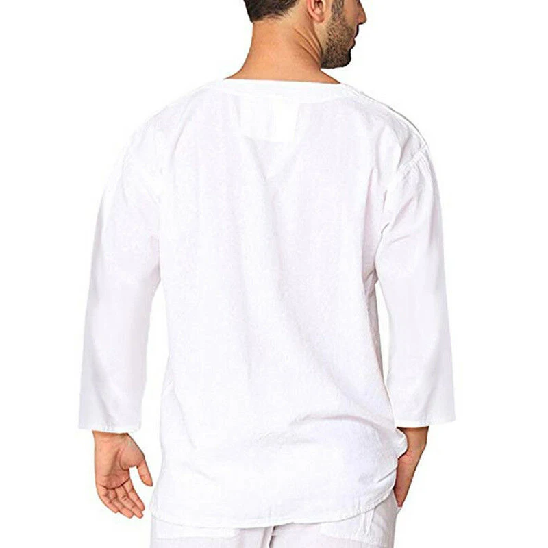 Hot Men Solid Baggy Shirt Cotton Linen Hippie Shirt Summer Mens Fashion Casual Street Daily Long Sleeve V Neck Shirt Five Color