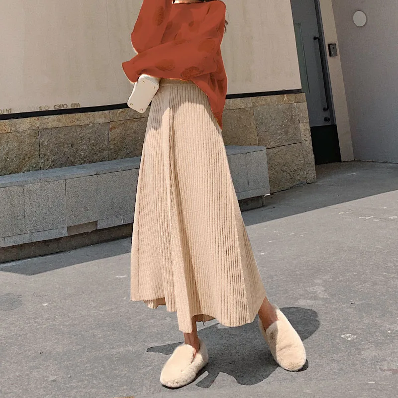 Women's Knit Skirt Autumn Winter New High Waist Solid Color A-line Pleated Knit Skirt Office Lady Wild Warm Long Skirt ML291