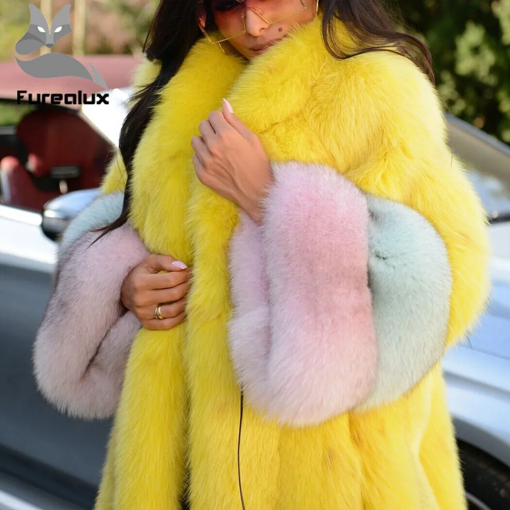 Furealux стиль натуральный мех пальто натуральный мех куртка свободный стиль Женская зимняя теплая кожаная шуба из лисьего меха высокое качество