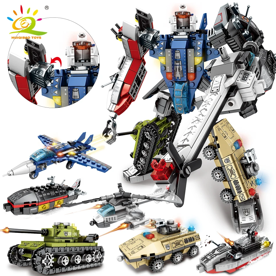 Building-Block Helicopter Transformation Robot Boat Creator-Bricks Military-Tank HUIQIBAO