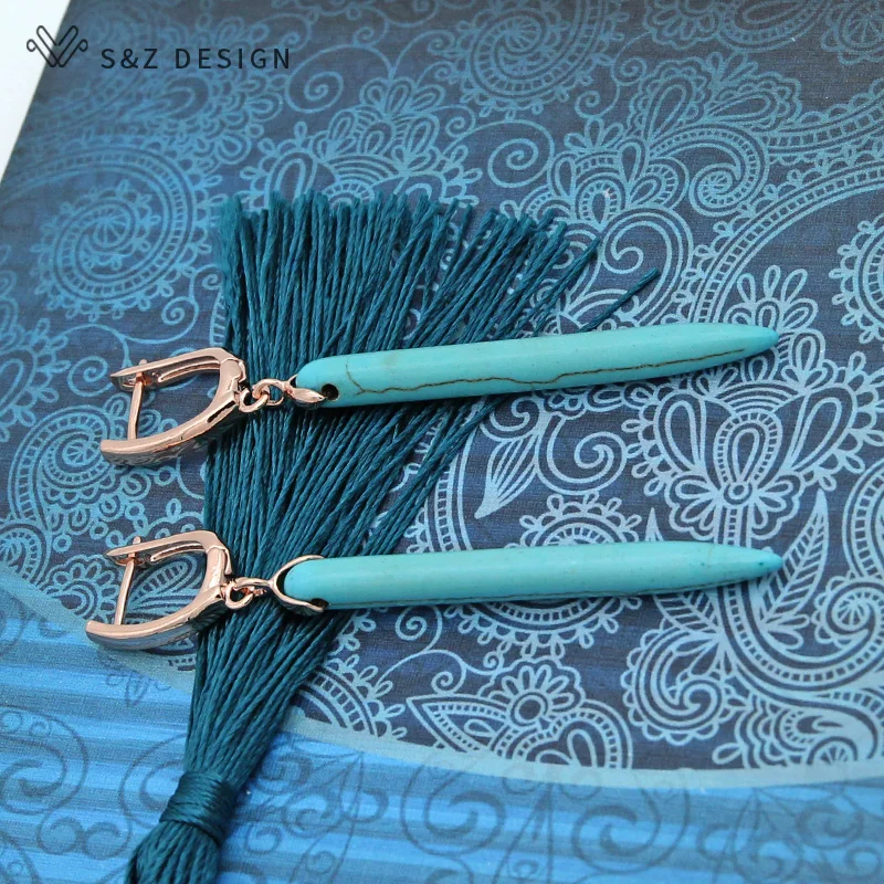 S&Z Long Synthetic Turquoises Dangle Earrings Personality Simple Vintage Eardrop For Women Girl Wedding Party Jewelry Gift