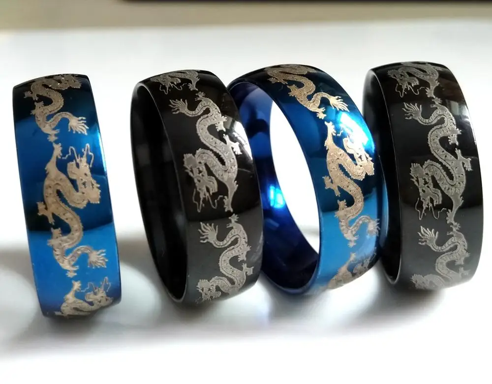 50 шт., винтажные кольца с голубым и черным драконом, мужские подарки, обручальное кольцо, ювелирное изделие, ширина 8 мм, нержавеющая сталь, Панк крутые, комфортные, подходят кольца