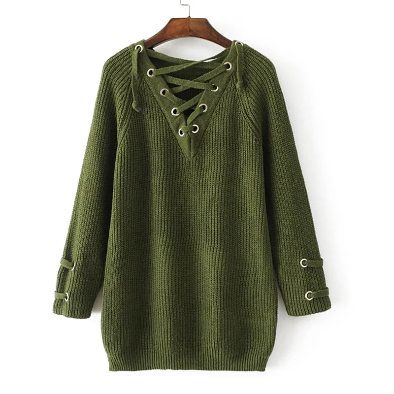 Women's Wear Mid-long Hip-wrapped V-collar Tie-rope Sweaters Women Sweater Casual Acrylic V-Neck Girls Sweaters Sweater Women