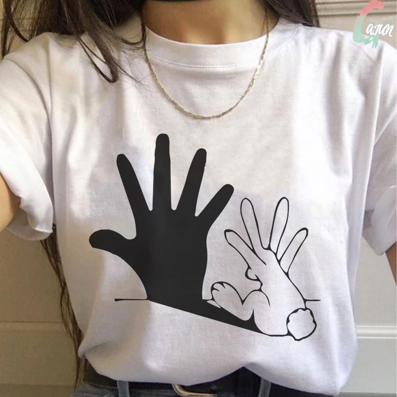 Summer 2020 New Funny Rabbit Shadow Hand Print T Shirt Spoof Personality Vogue Harajuku Tshirt Casual Loose Women Tops Clothing Summer 2020 New Funny Rabbit Shadow Hand Print T Shirt Spoof Personality Vogue Harajuku Tshirt Casual Loose Women Tops Clothing