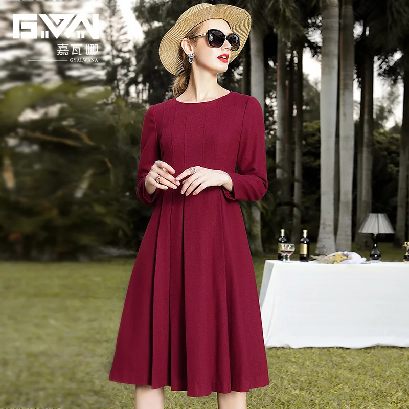 

GYALWANA Brand 2019 Autumn and Winter New Women's Wine Red Dress Thick Woolen Pleated Long Sleeved Vintage Dresses