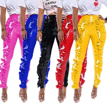 

Sexy Women Skinny PU Pants Tight High Waist Ruffel Clubwear High Waist Night Out Party Fashion Spring Trousers Yellow Blue Black