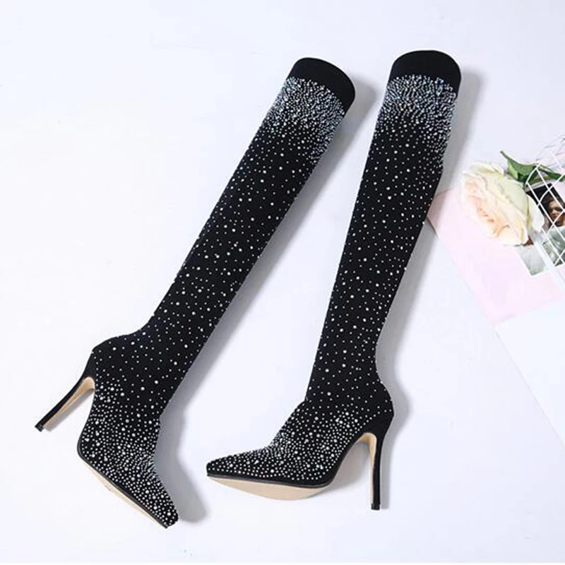 

Autumn 2018 New Over The Knee Boots Women Elastic Sock Thigh High Boot Ladies Stretch Fabric Pointed Toe High Heels Rhinestone S