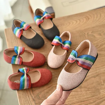

New Toddlers Baby Girls Shoes For Kids Leather Wedding Party Dancing Children Shoes Bowtie Rainbow Sequins Girls Princess Shoes