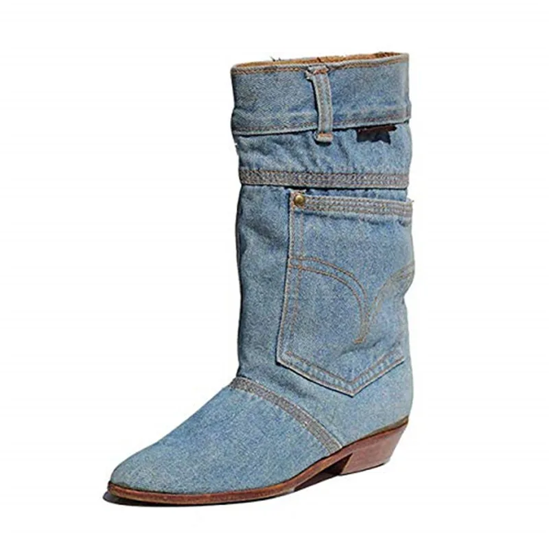 Джинсовые повседневные джинсовые сапоги на низком каблуке в европейском и американском стиле женские ковбойские сапоги осень-зима размеры 34-43 - Цвет: Небесно-голубой