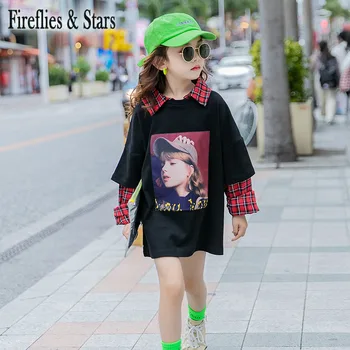 

Spring Autumn girls tee Baby t shirt kids fashion tops Children streetwear clothes fashion lolli check patch collar 4 to 14 yrs