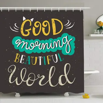 

Shower Curtain Set with Hooks 60x72 Quote Motivational Good Morning Beautiful Silhouette World Typography Vintage Miscellaneous