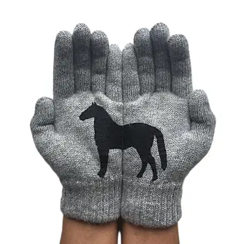 

Women Winter Warm Knitted Gloves Funny Black Horse Irregular Patchwork Mittens LX9E