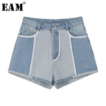 

[EAM] Women Light Blue Contrast Color Wide Leg Shorts New High Waist Loose Fit Trousers Fashion Tide Spring Summer 2020 1X245